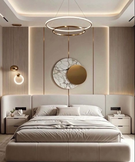 Ivory bed with a symmetrical illuminated feature wall and pendant lights